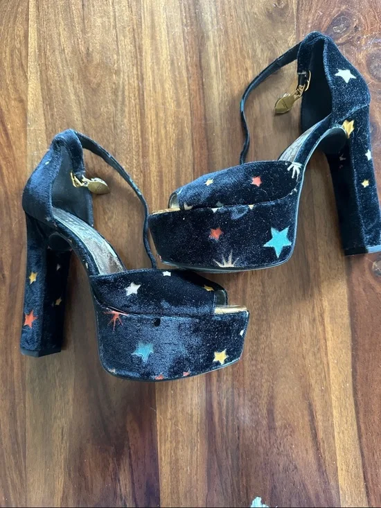 Kurt Geiger Black Velvet Star-Print Platform Heels - Picture 1 of 8